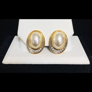 Vintage Lanvin Costume Pearl Crystal Earrings